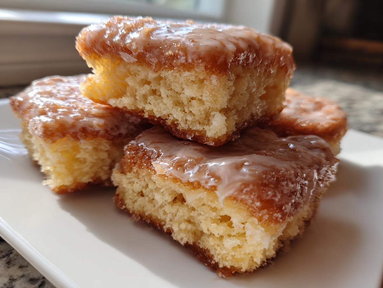 Close-up of four stacked, glazed buttermilk donut bars showing their soft, cakey interior.