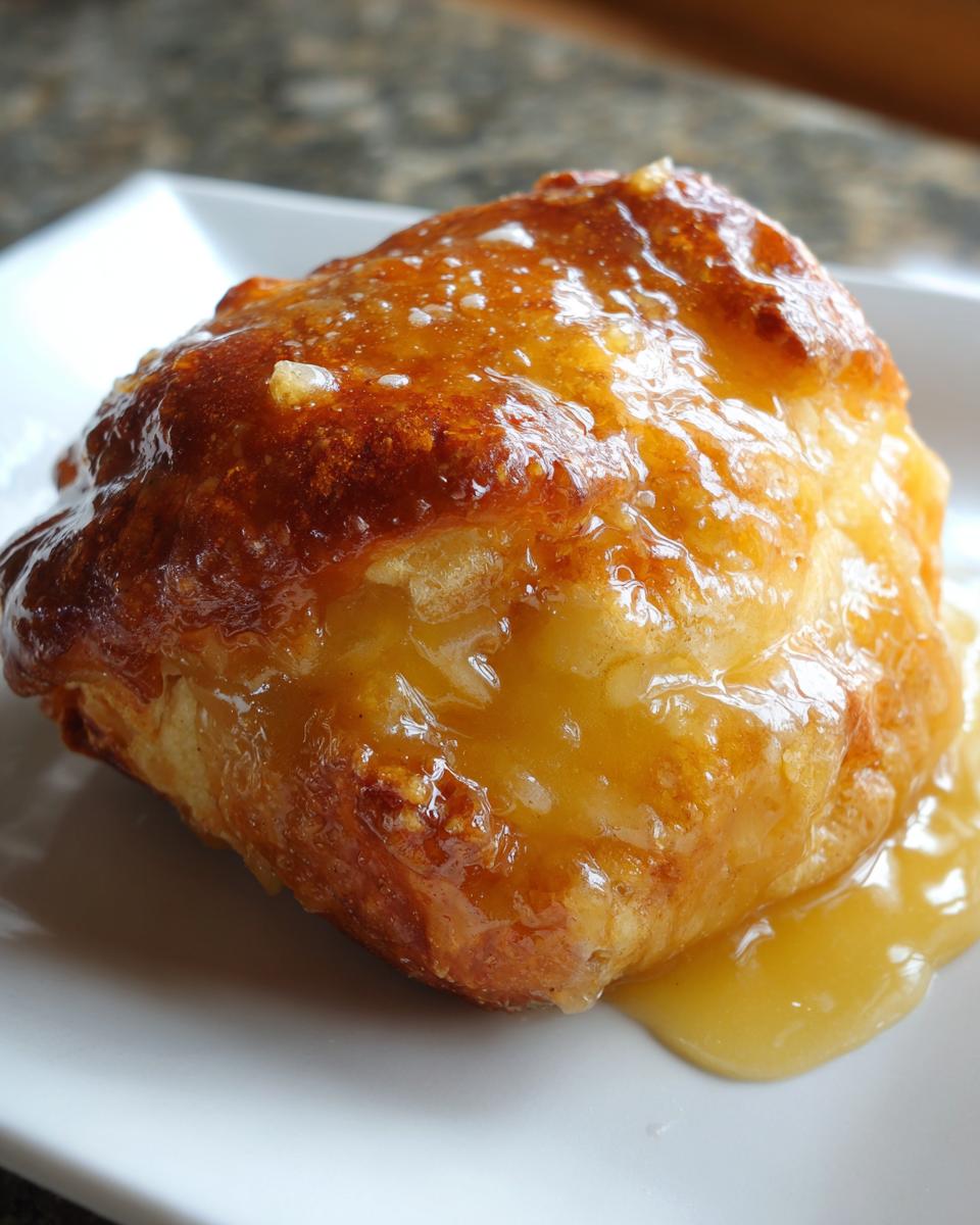 Close-up of a single, golden-brown baked apple dumpling generously covered in a thick, shiny caramel sauce.