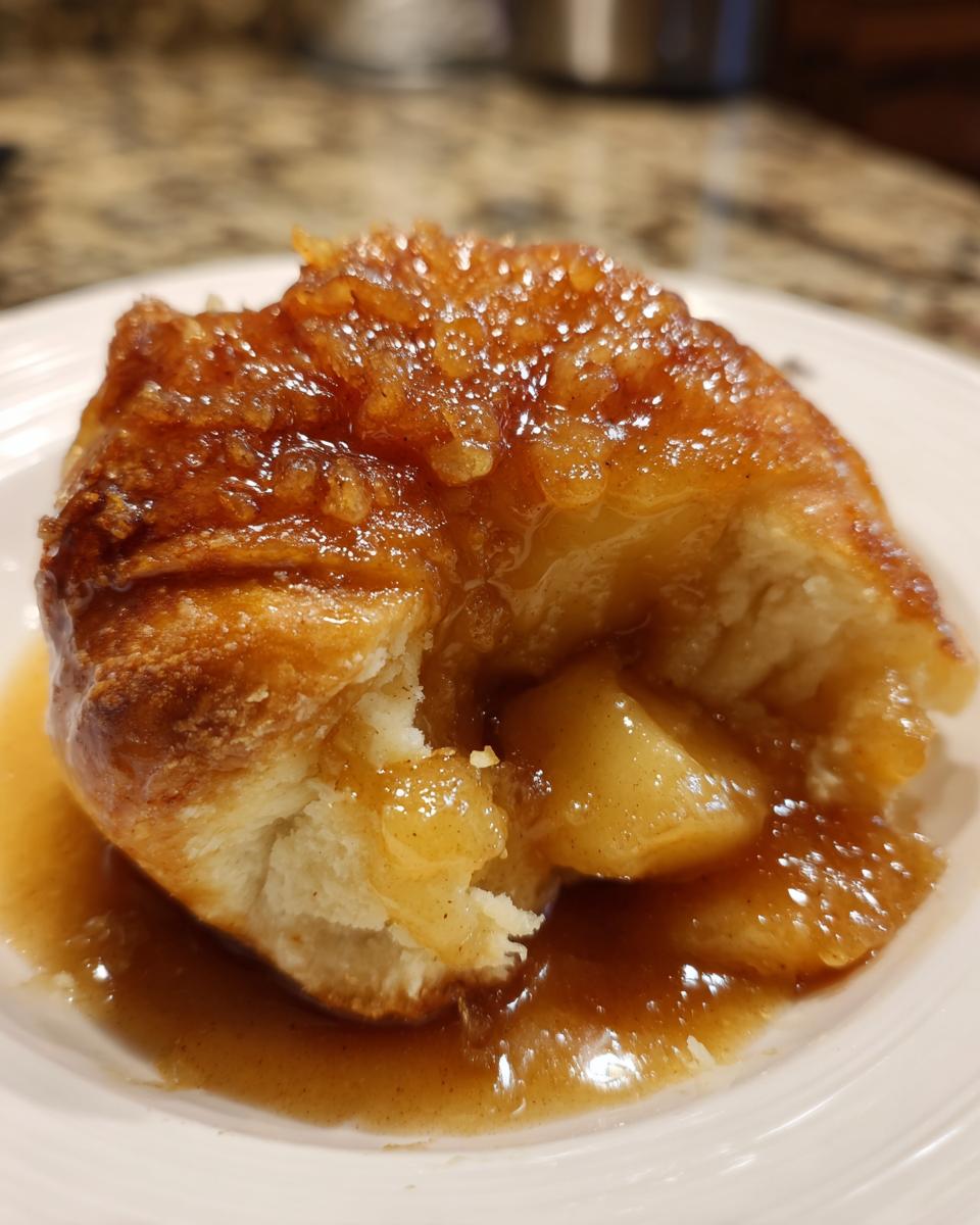 Close-up of a warm apple dumpling, showing the soft dough and chunks of spiced apple filling covered in rich caramel sauce.