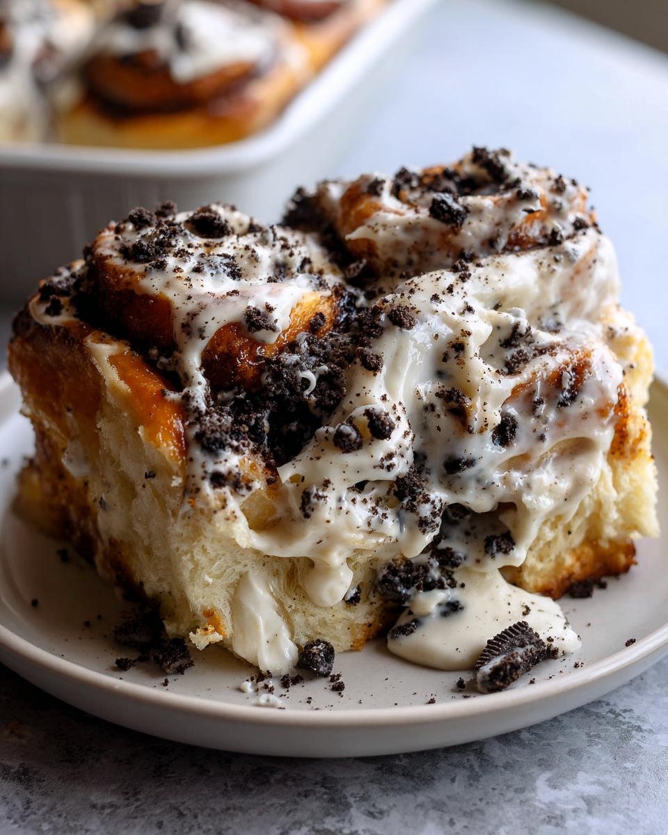 Close-up of gooey Oreo cinnamon rolls covered in thick white frosting and crushed chocolate cookies.