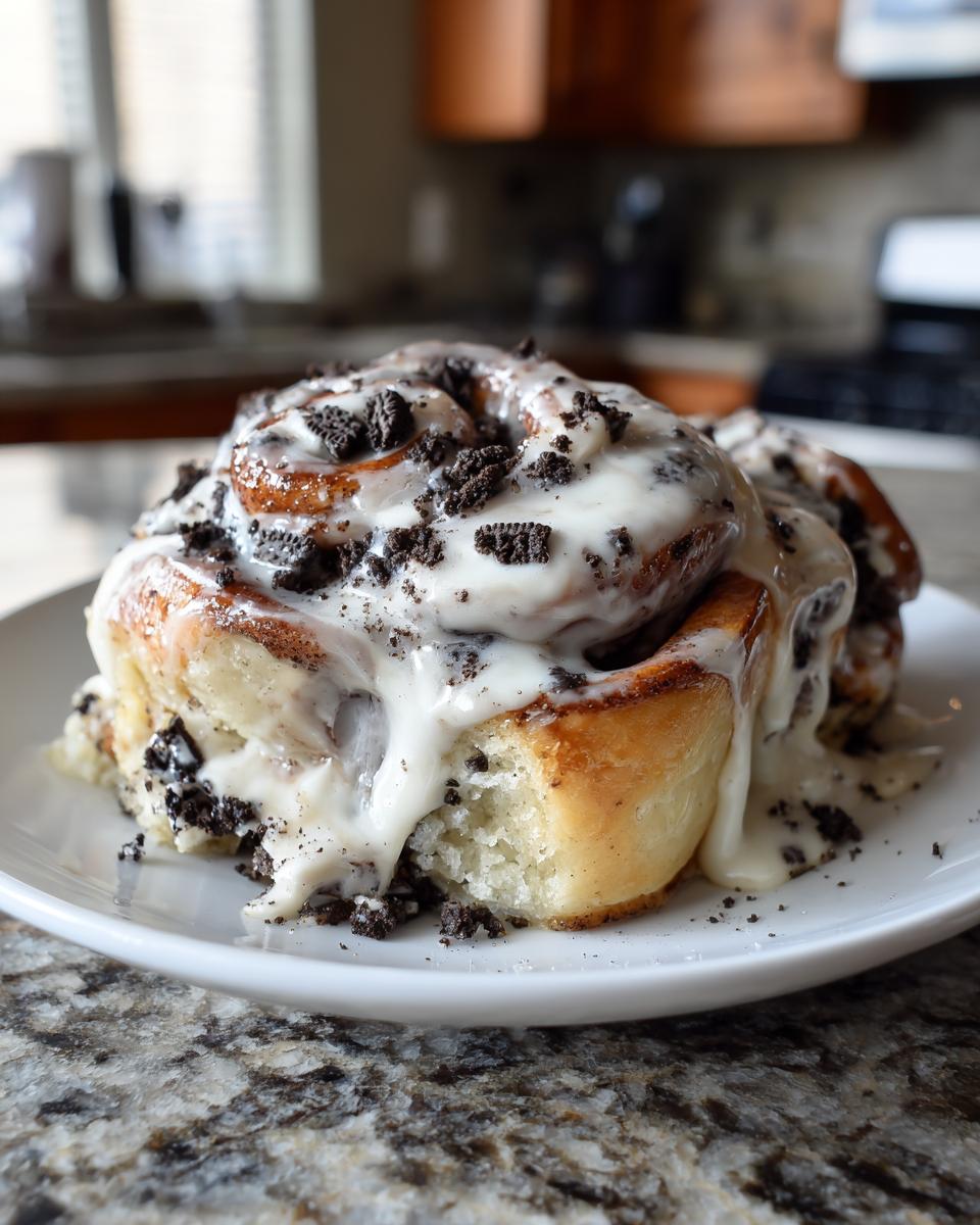 Close-up of a gooey Oreo cinnamon roll covered in white frosting and crushed Oreo pieces.