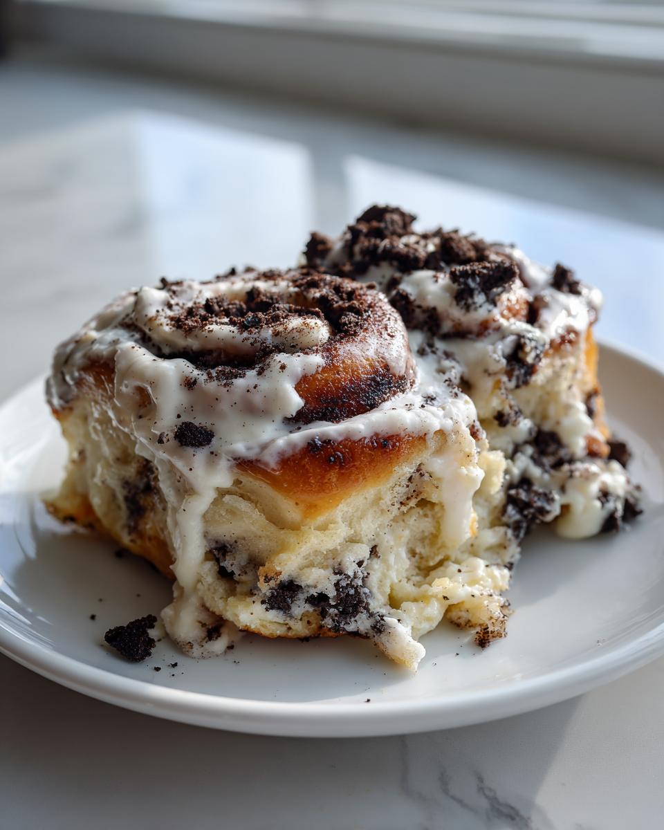 Two gooey Oreo cinnamon rolls covered in white icing and crushed Oreo pieces, sitting on a white plate.