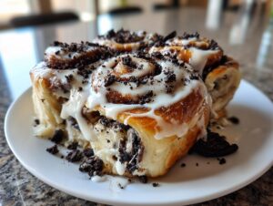 Close-up of gooey Oreo cinnamon rolls topped with white icing and crushed chocolate cookies.