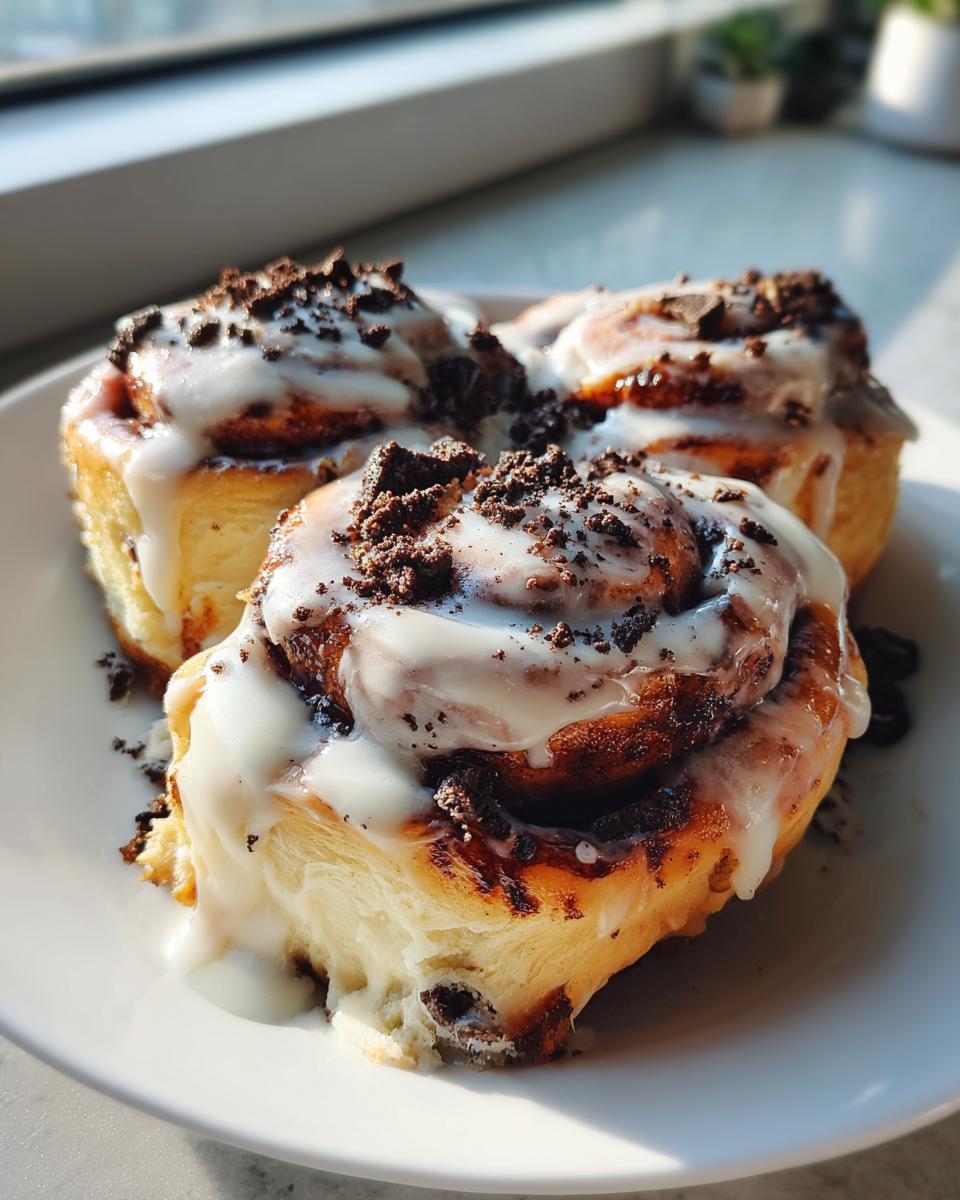 Close-up of three gooey Oreo cinnamon rolls topped with thick white icing and crushed cookie pieces.