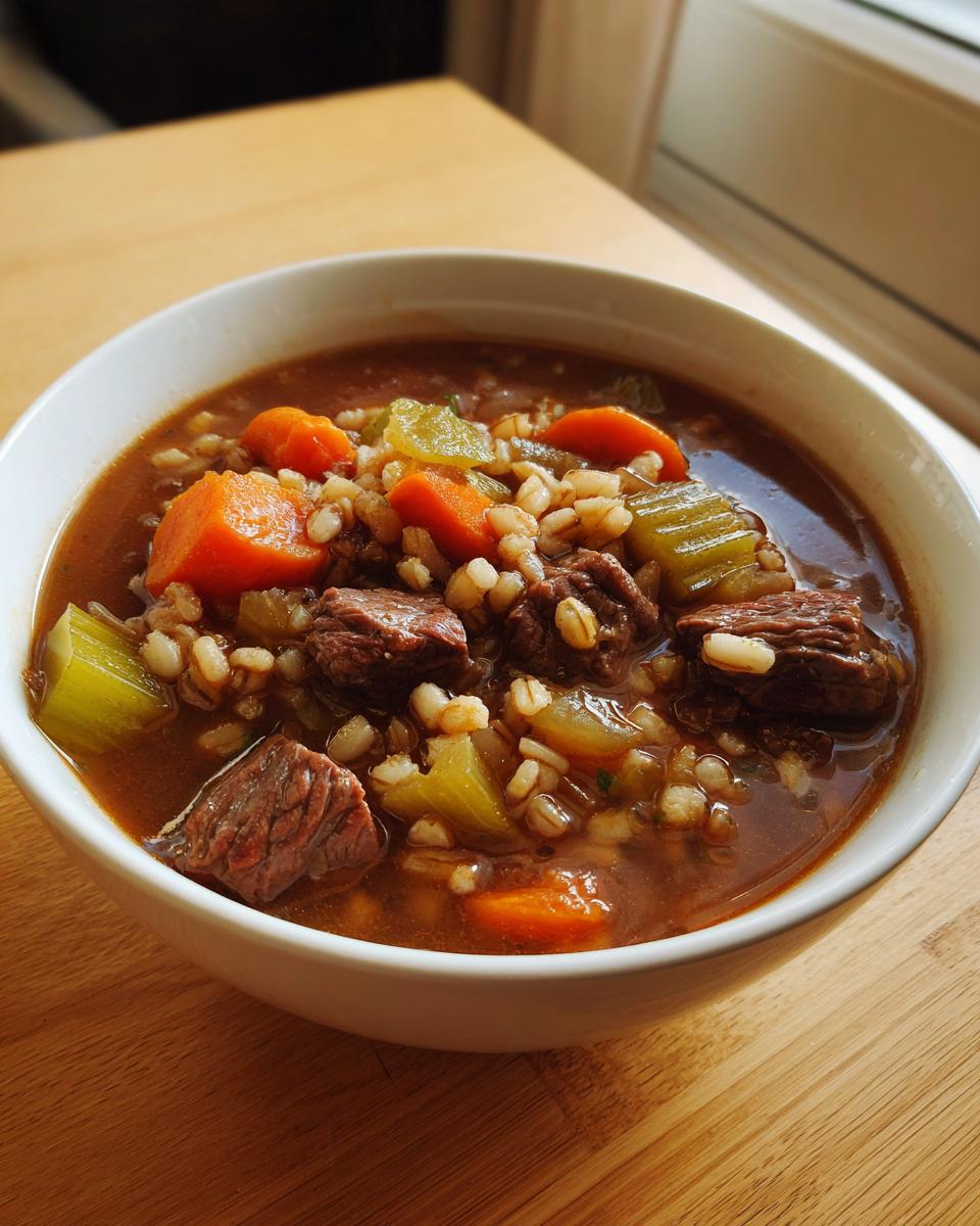 Close-up of a white bowl filled with rich beef barley soup, featuring chunks of beef, carrots, celery, and barley.