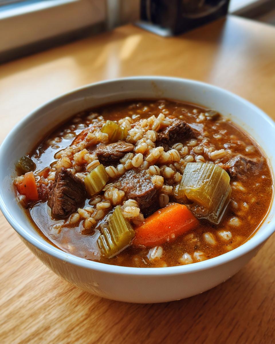 A close-up of a white bowl filled with rich beef barley soup, showing chunks of beef, carrots, celery, and barley.