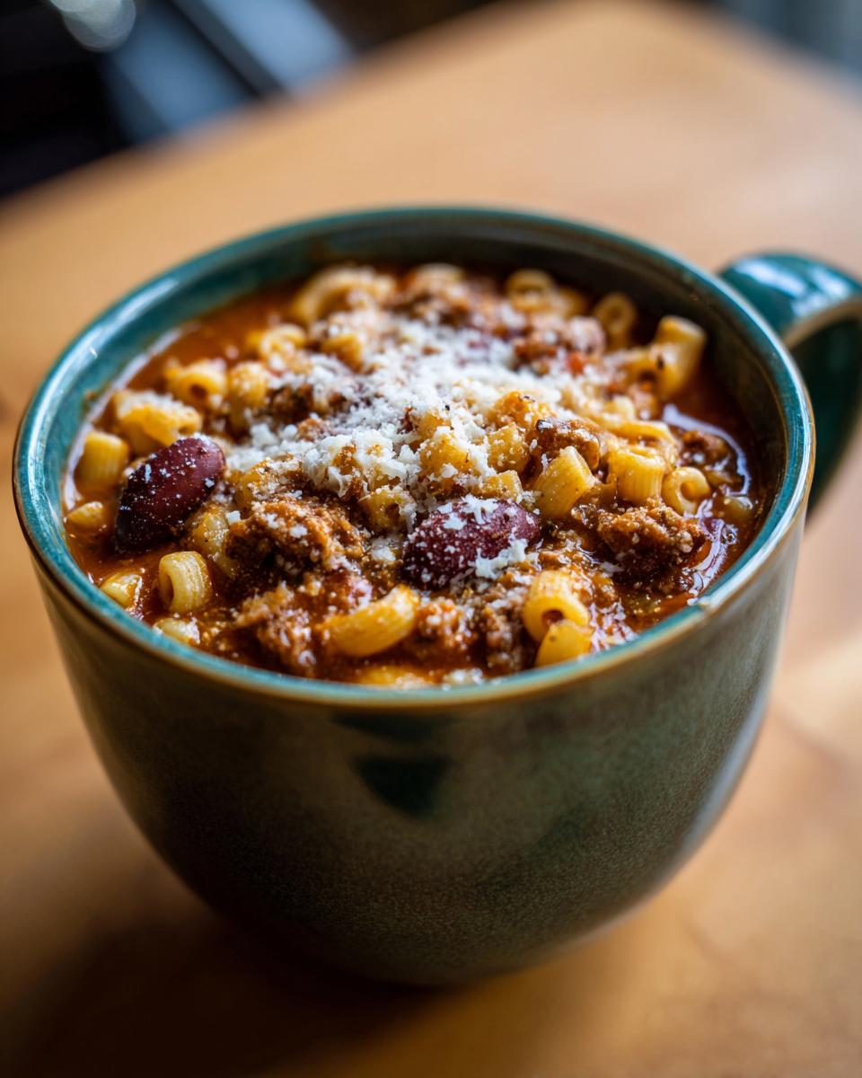 Close-up of a steaming bowl of rich pasta e fagioli, featuring small pasta, beans, and ground meat, topped with grated Parmesan cheese.