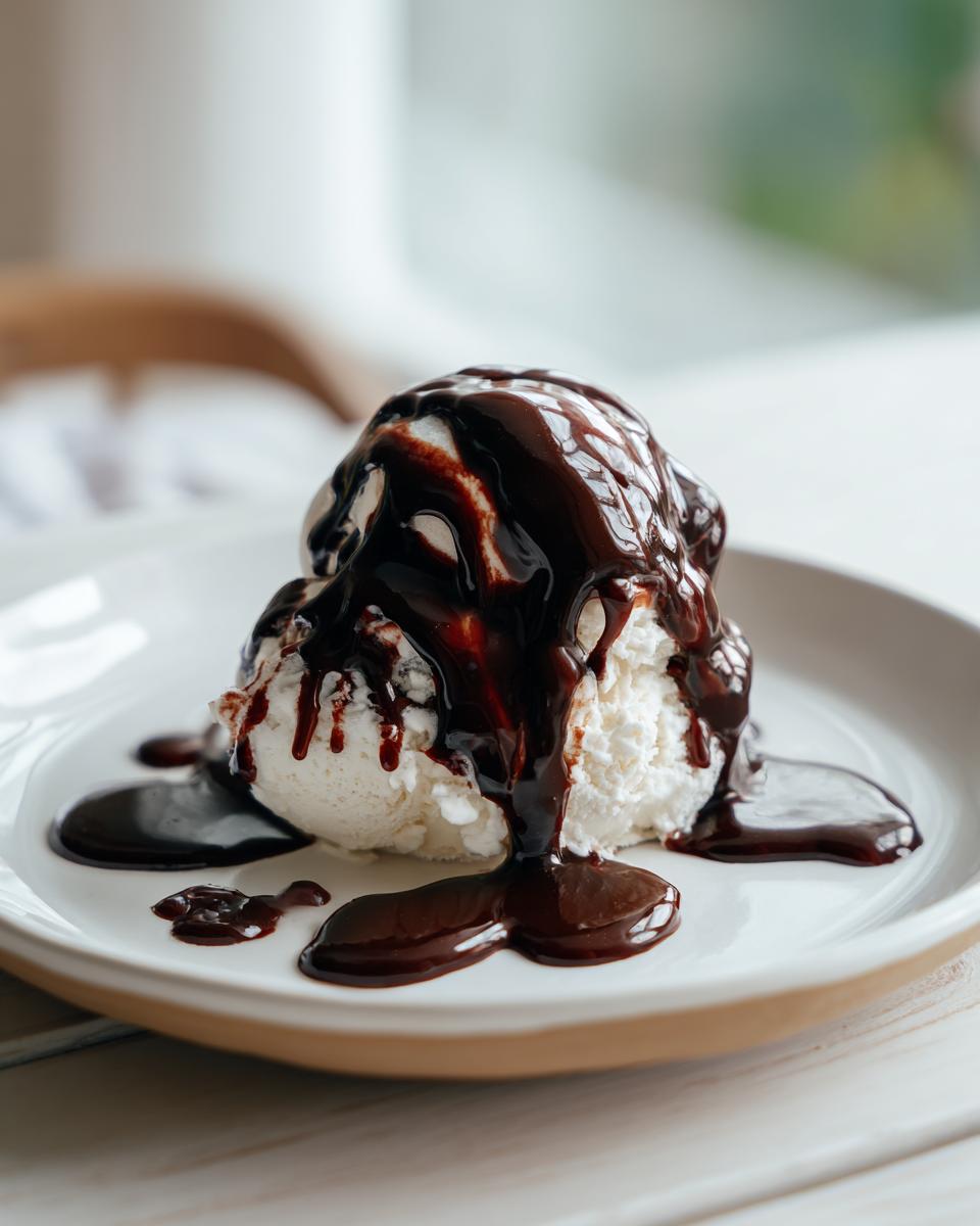 A scoop of vanilla ice cream generously covered in rich, homemade chocolate sauce, served on a white plate.