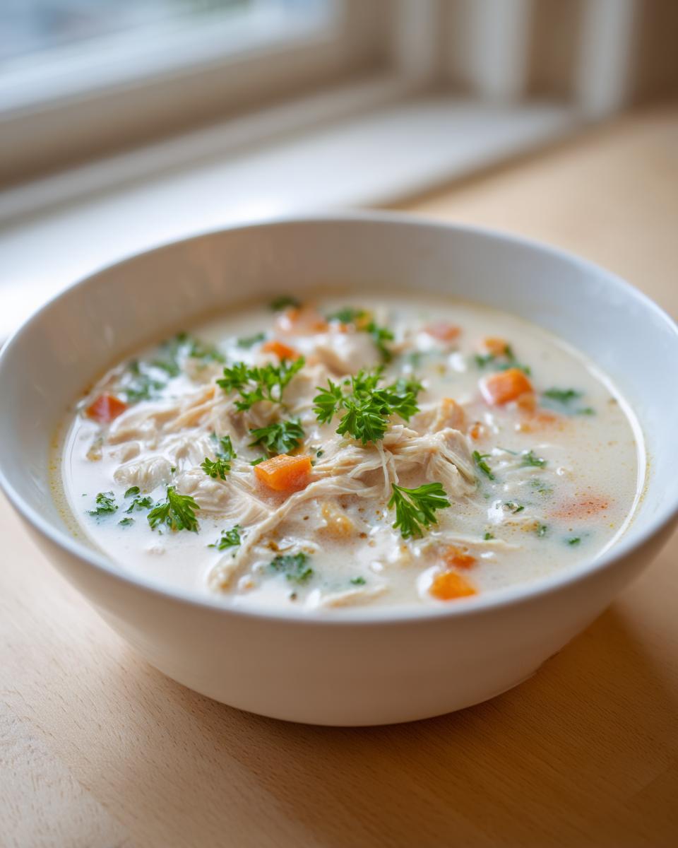 A close-up of a white bowl filled with creamy homemade cream of chicken soup, featuring shredded chicken, carrots, and fresh parsley garnish.