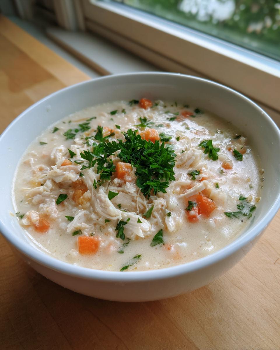 A close-up of a white bowl filled with homemade cream of chicken soup, featuring shredded chicken, diced carrots, and fresh parsley.