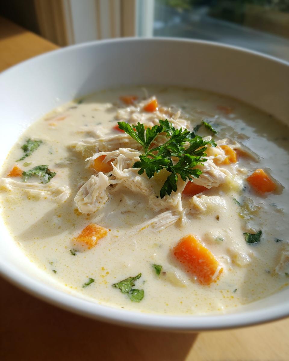Close-up of a white bowl filled with rich, creamy cream of chicken soup, featuring shredded chicken, diced carrots, and parsley.