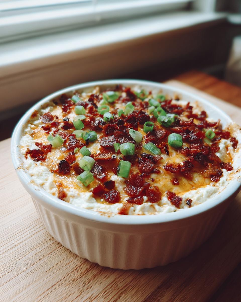 A baked, hot cream cheese dip topped with crumbled bacon and chopped green onions in a white dish.