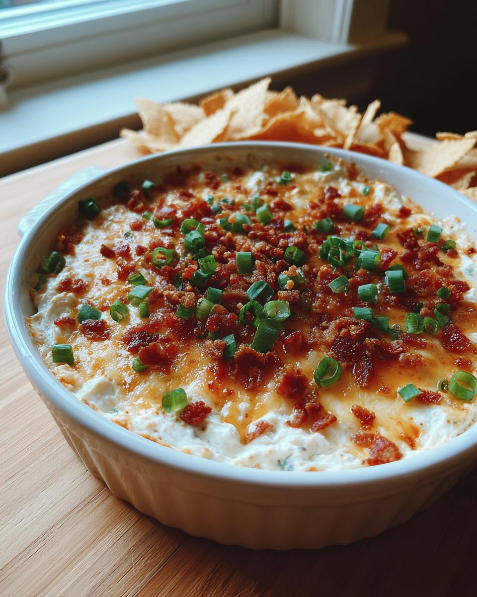 A warm, baked cream cheese dip topped with melted cheese, bacon bits, and green onions, served with tortilla chips.