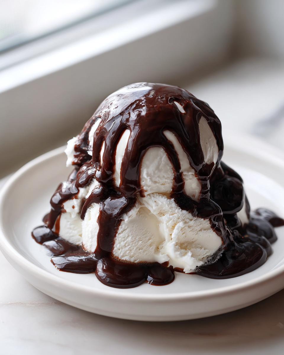 Scoops of vanilla ice cream generously covered in thick, glossy homemade chocolate sauce.
