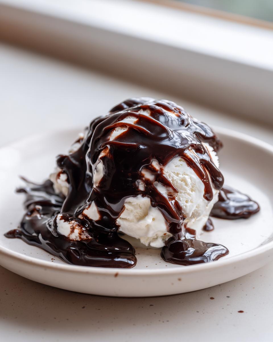 A scoop of vanilla ice cream generously covered in glossy, dark chocolate sauce, served on a small white plate.