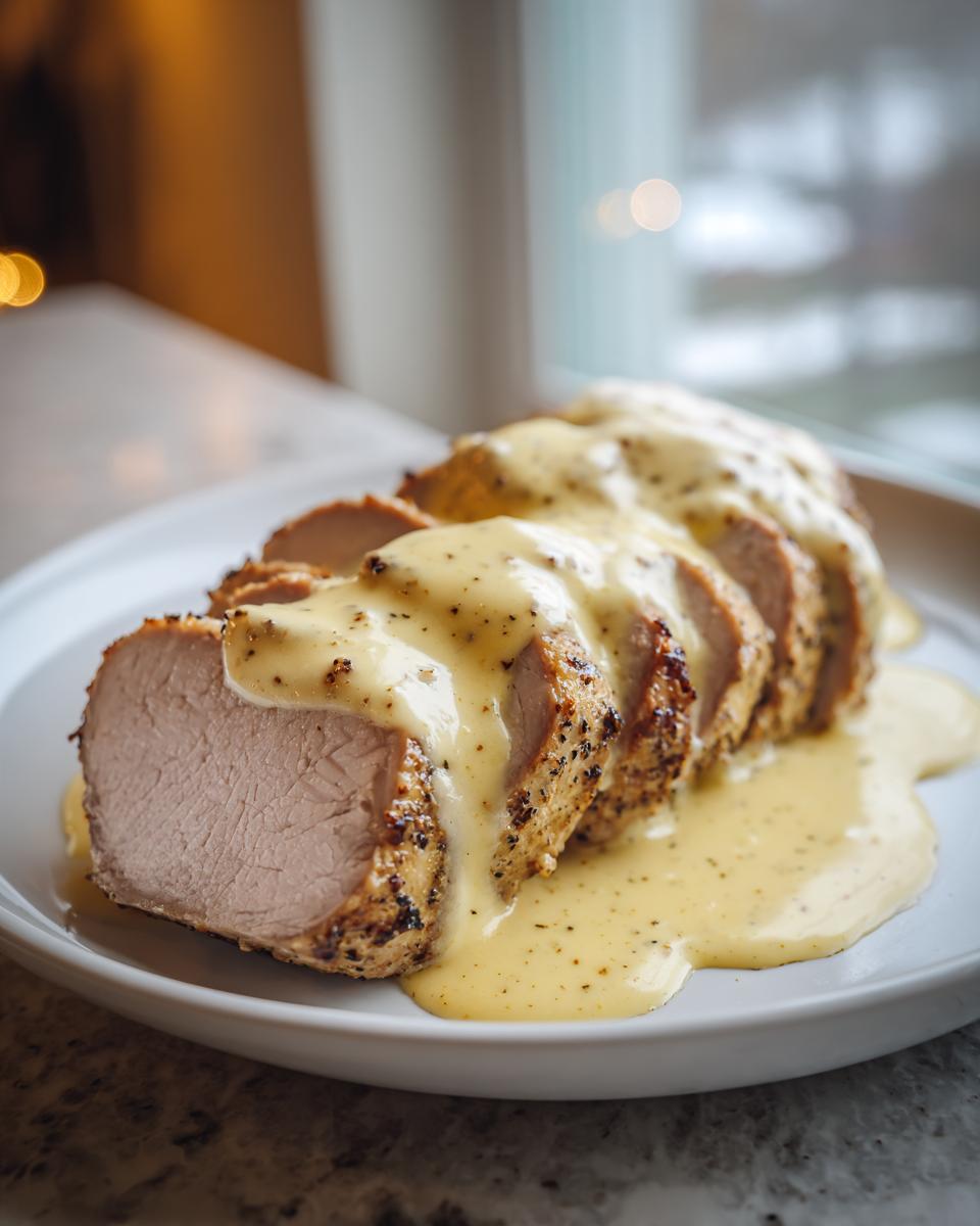 A perfectly cooked and sliced pork tenderloin recipe covered in a creamy, speckled yellow sauce, served on a white plate.