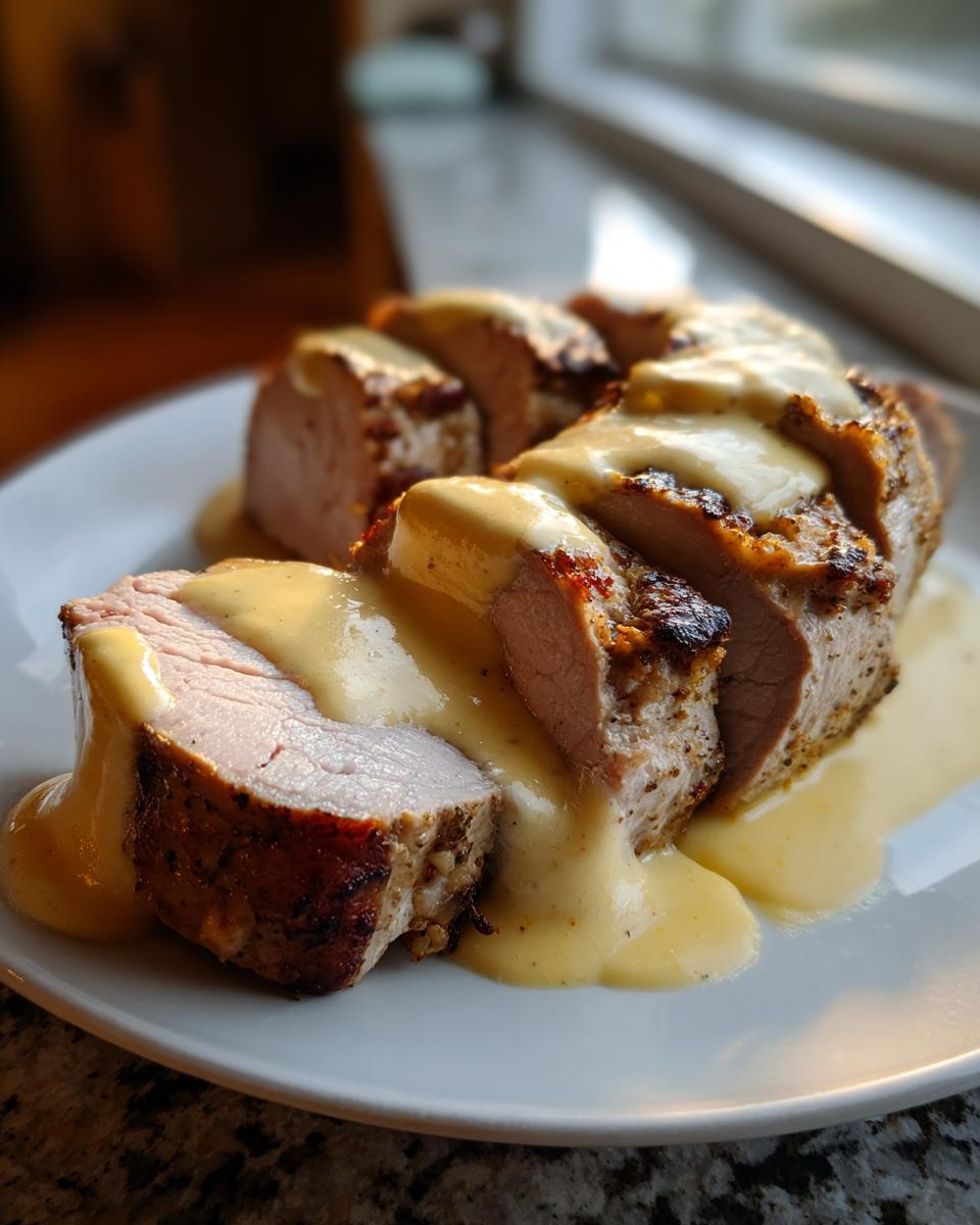 Close-up of sliced, juicy pork tenderloin recipe covered in a rich, creamy yellow sauce on a white plate.