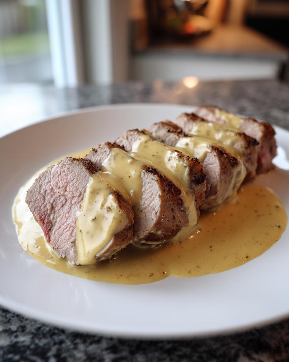 Slices of perfectly cooked pork tenderloin recipe covered in a rich, creamy yellow sauce on a white plate.