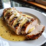 Close-up of a perfectly cooked, sliced pork tenderloin recipe drizzled with a creamy yellow sauce.