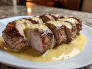Slices of perfectly cooked pork tenderloin recipe drizzled with a creamy, herb-flecked sauce on a white plate.