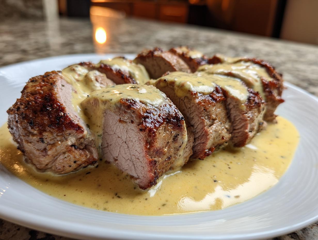 Slices of perfectly cooked pork tenderloin recipe drizzled with a creamy, herb-flecked sauce on a white plate.