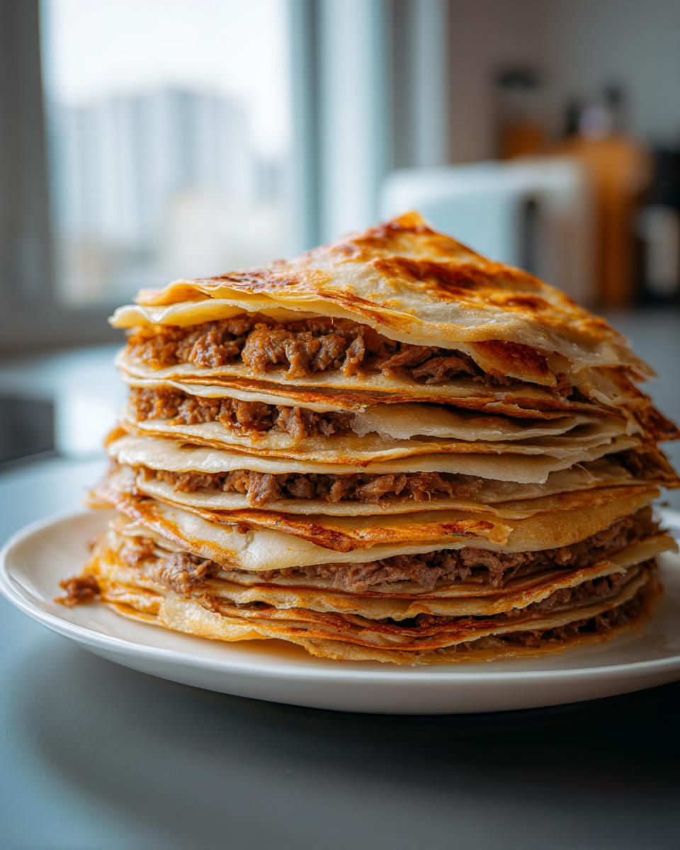 Tall stack of layered flatbreads filled with seasoned meat, resembling a homemade doner kebab presentation.