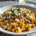 A close-up bowl filled with vibrant yellow Mexican street corn salad, topped generously with crumbled white cotija cheese and fresh cilantro.