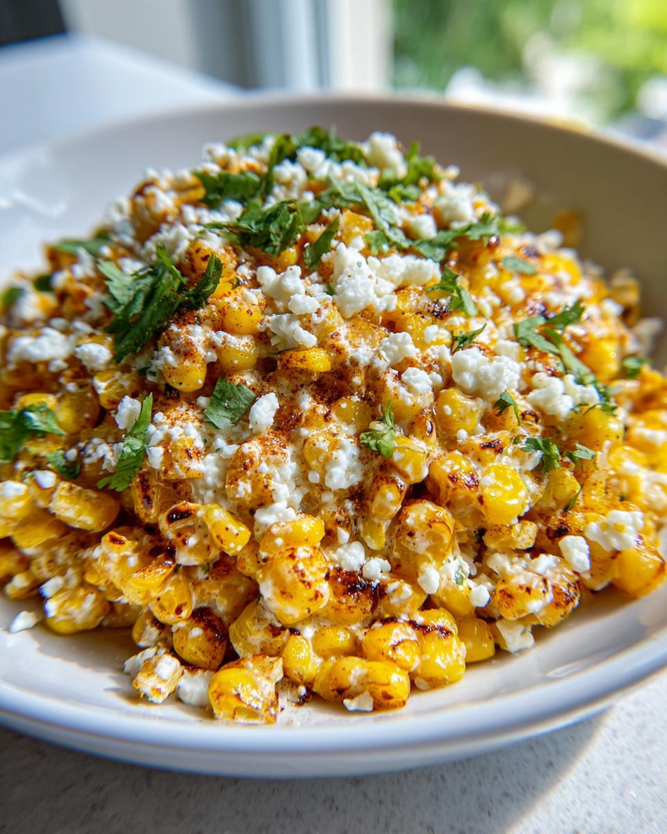 Close-up of charred corn kernels mixed with creamy dressing, cotija cheese, and cilantro in a bowl of mexican street corn salad.