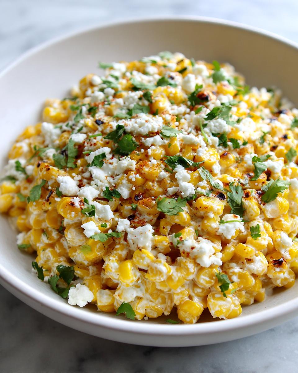 Close-up of creamy Mexican street corn salad topped with cotija cheese, cilantro, and chili powder.