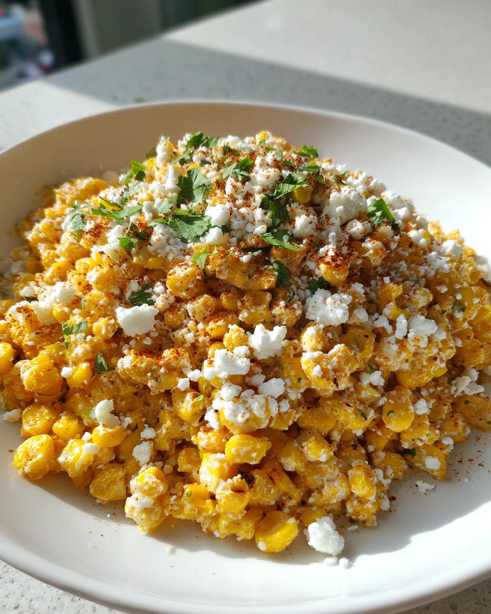 A close-up of vibrant yellow Mexican street corn salad topped generously with crumbled white Cotija cheese, chili powder, and cilantro.