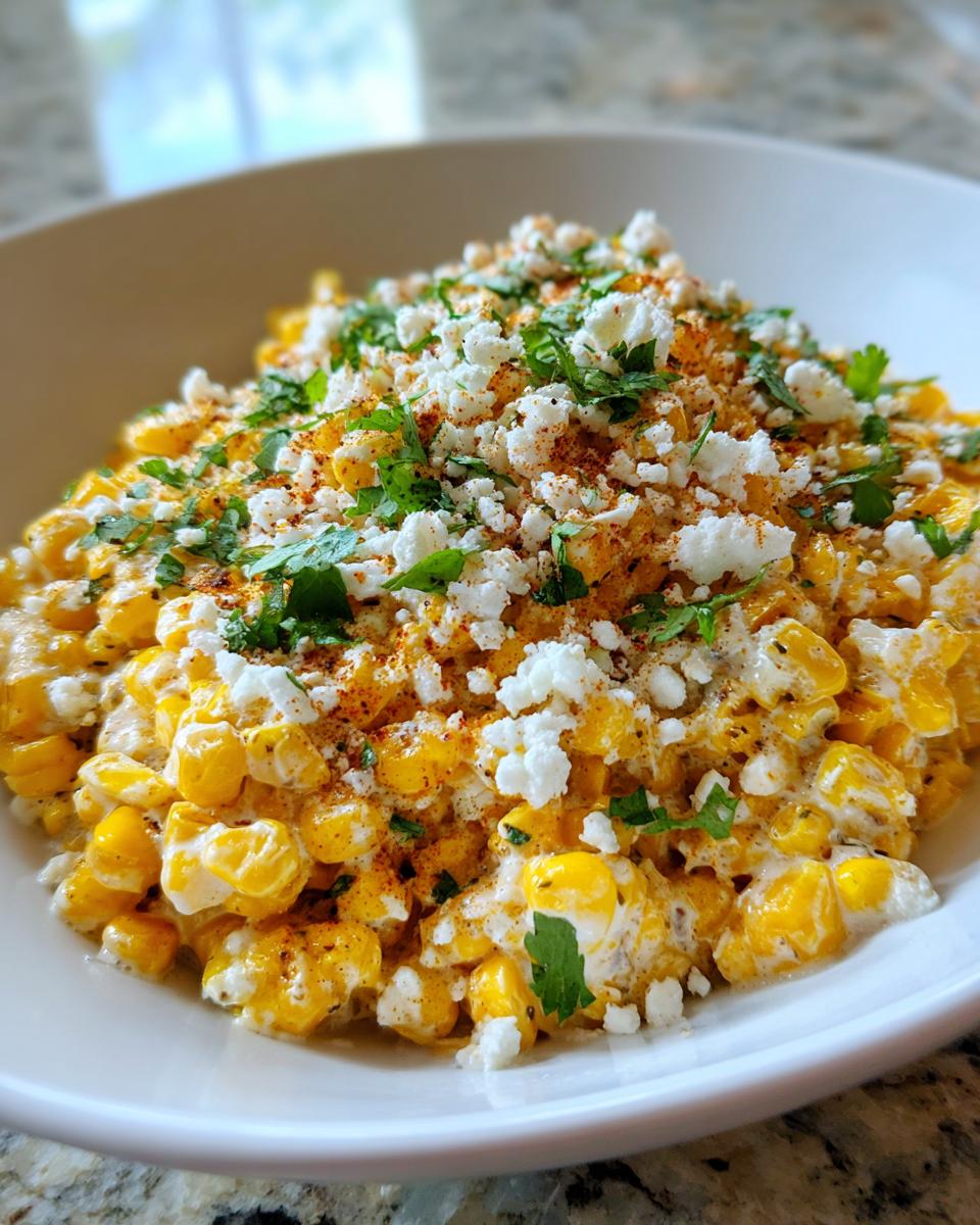 A close-up of creamy Mexican street corn salad topped generously with crumbled white cheese, cilantro, and chili powder.