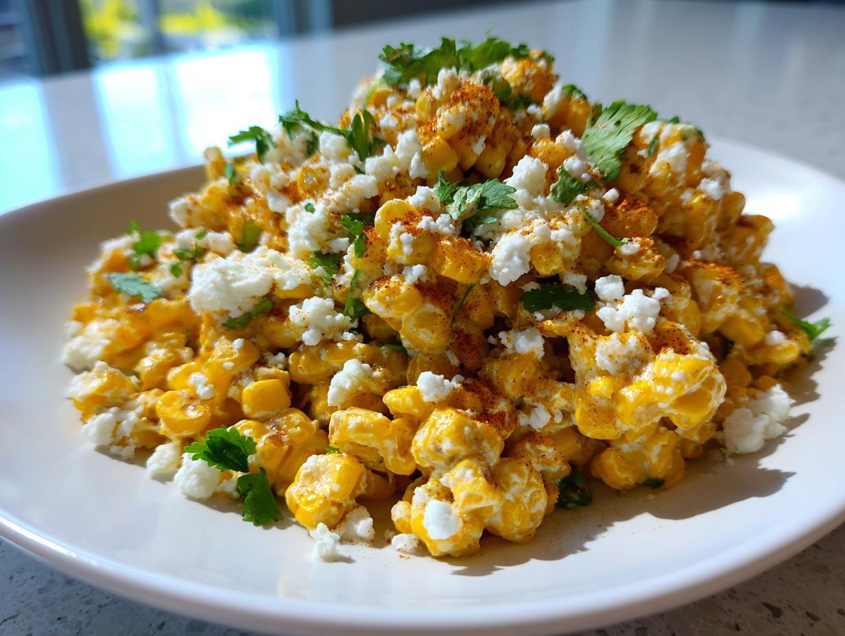 A vibrant mound of Mexican street corn salad featuring creamy corn kernels, crumbled white cheese, and fresh cilantro.