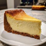 A close-up slice of rich, creamy new york cheesecake with a dark graham cracker crust and a beautifully browned top.