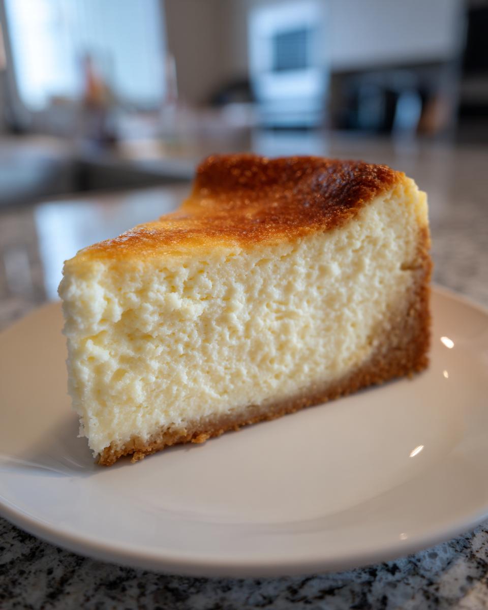 A close-up of a thick slice of creamy new york cheesecake with a graham cracker crust and a beautifully browned top.