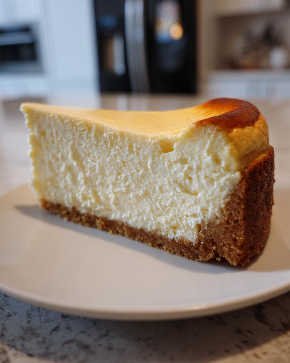A thick, creamy slice of new york cheesecake with a graham cracker crust and slightly browned top, served on a white plate.