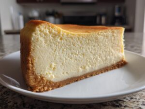 A thick, creamy slice of New York cheesecake with a golden-brown top and graham cracker crust on a white plate.