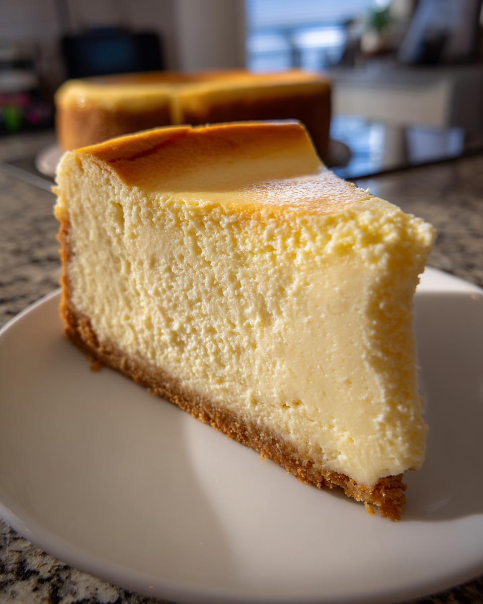 A thick, creamy slice of new york cheesecake with a golden brown top and graham cracker crust on a white plate.