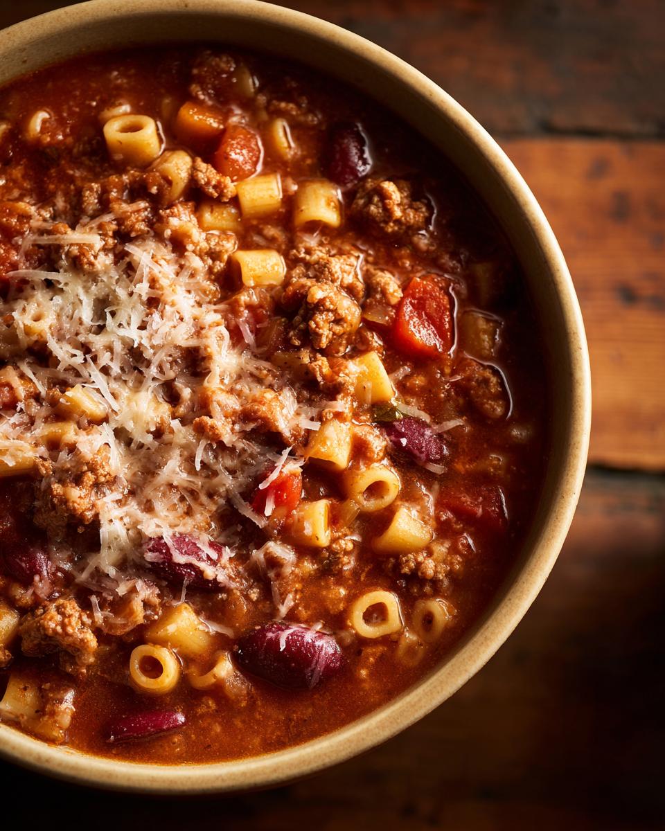 Close-up of a rich, rustic bowl of pasta e fagioli featuring beans, ditalini pasta, ground meat, and grated Parmesan cheese.