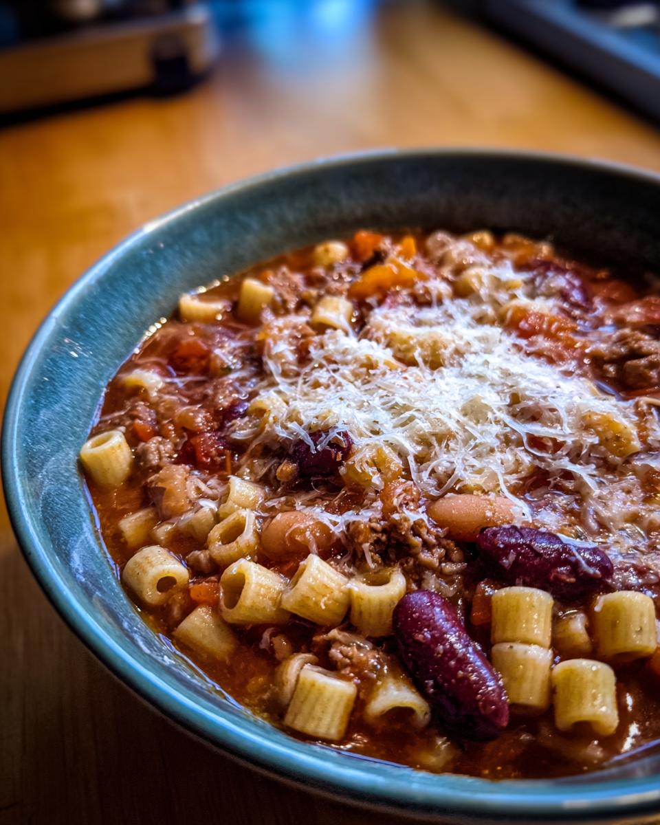 Close-up of a rich bowl of pasta e fagioli featuring ditalini pasta, beans, ground meat, and grated Parmesan cheese.