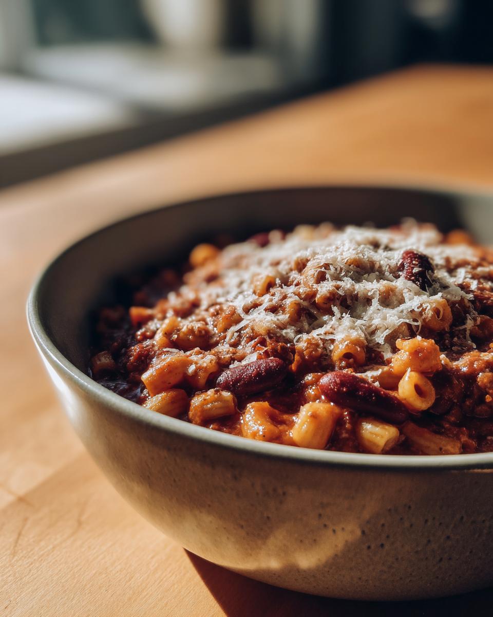 Close-up of a bowl of rich pasta e fagioli topped generously with grated Parmesan cheese, sitting on a wooden surface.