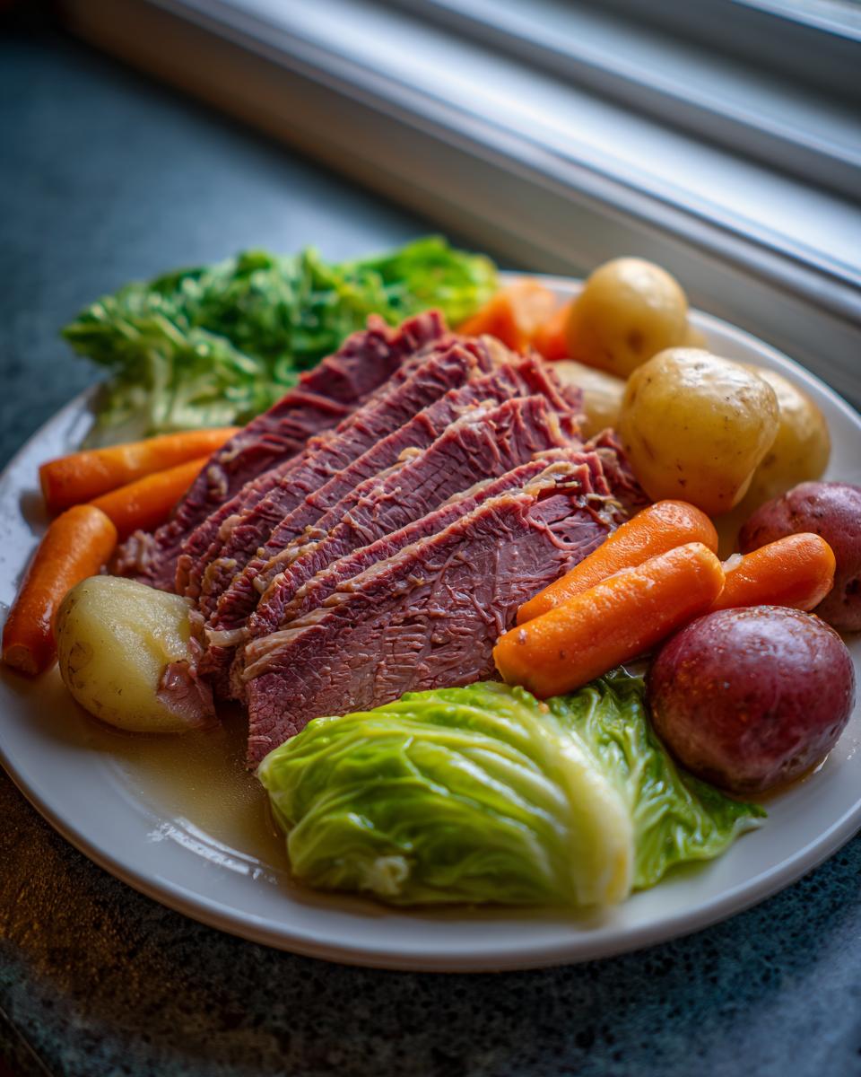 A white plate featuring sliced corned beef and cabbage, served with boiled potatoes and carrots.