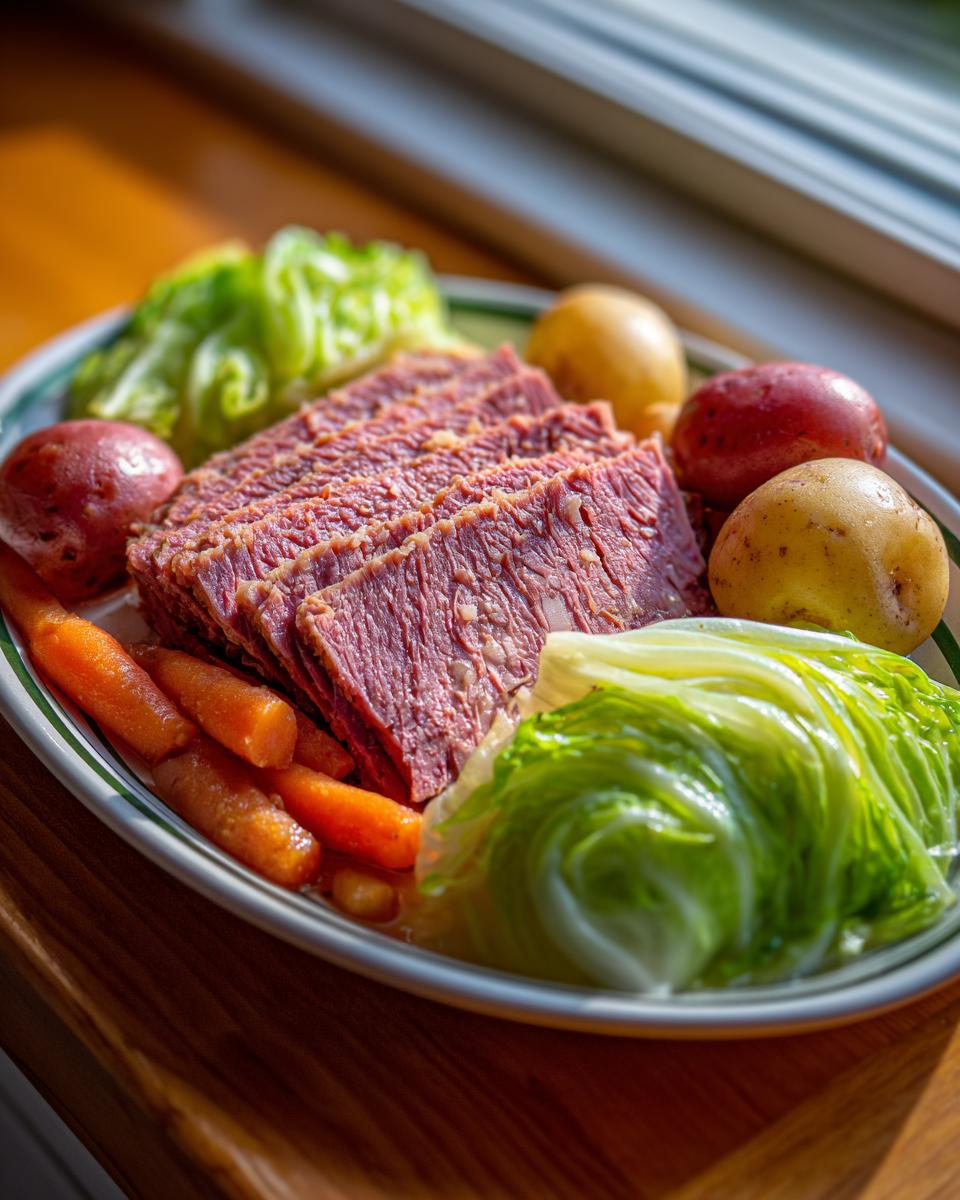 A platter featuring perfectly sliced corned beef and cabbage, alongside carrots and small potatoes.