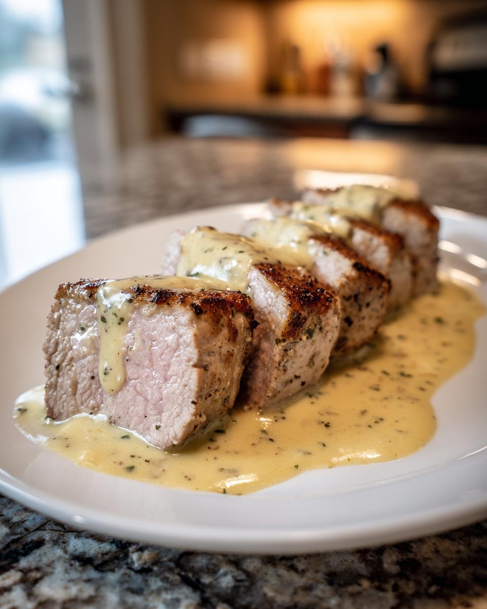Slices of perfectly cooked pork tenderloin recipe topped with a creamy herb sauce, served on a white plate.