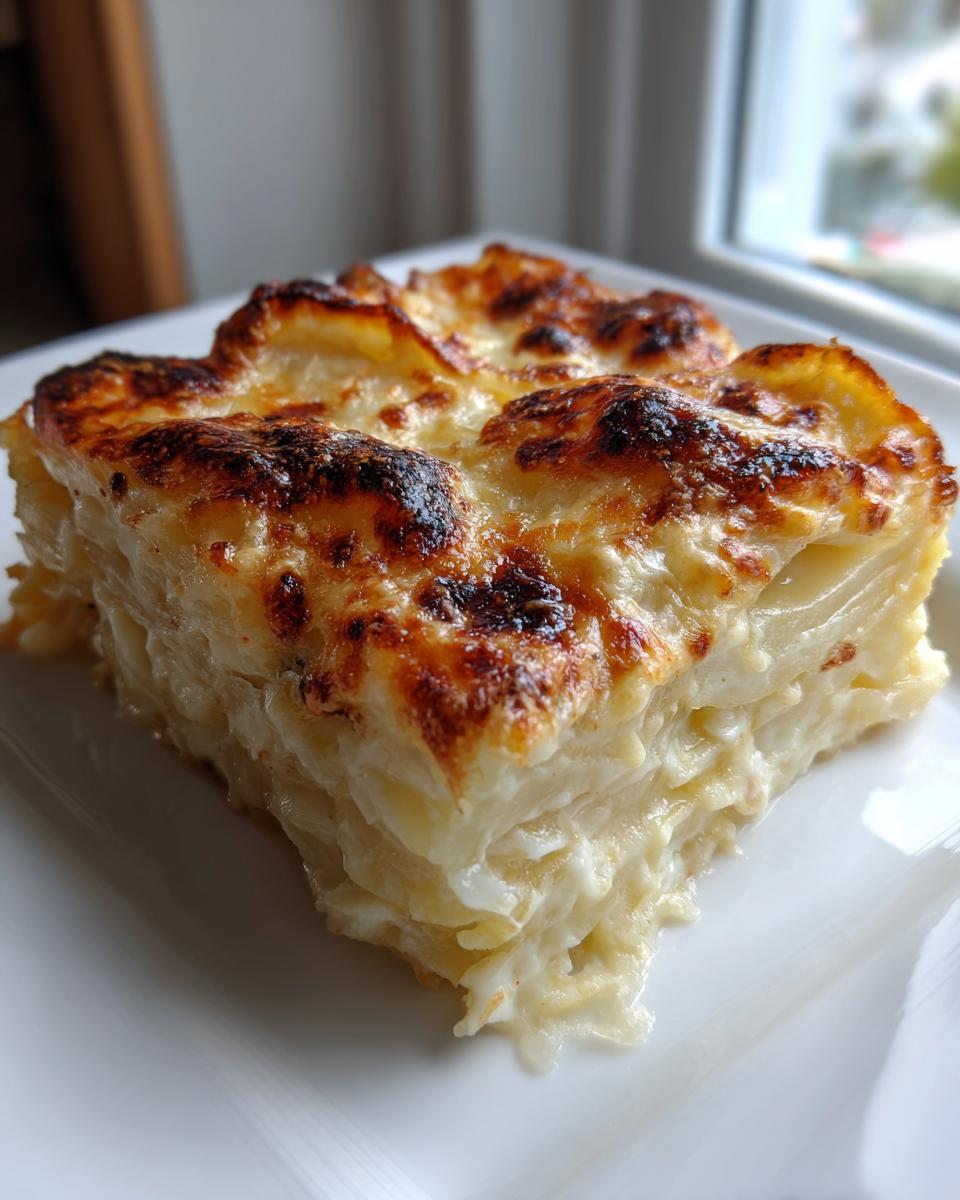 A thick, square slice of creamy potatoes au gratin showing layered potatoes and a richly browned, cheesy top.