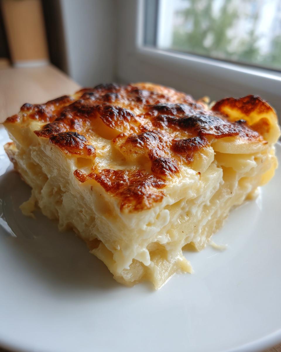 A rich, creamy slice of potatoes au gratin featuring layers of tender potatoes and a deeply browned, cheesy crust.