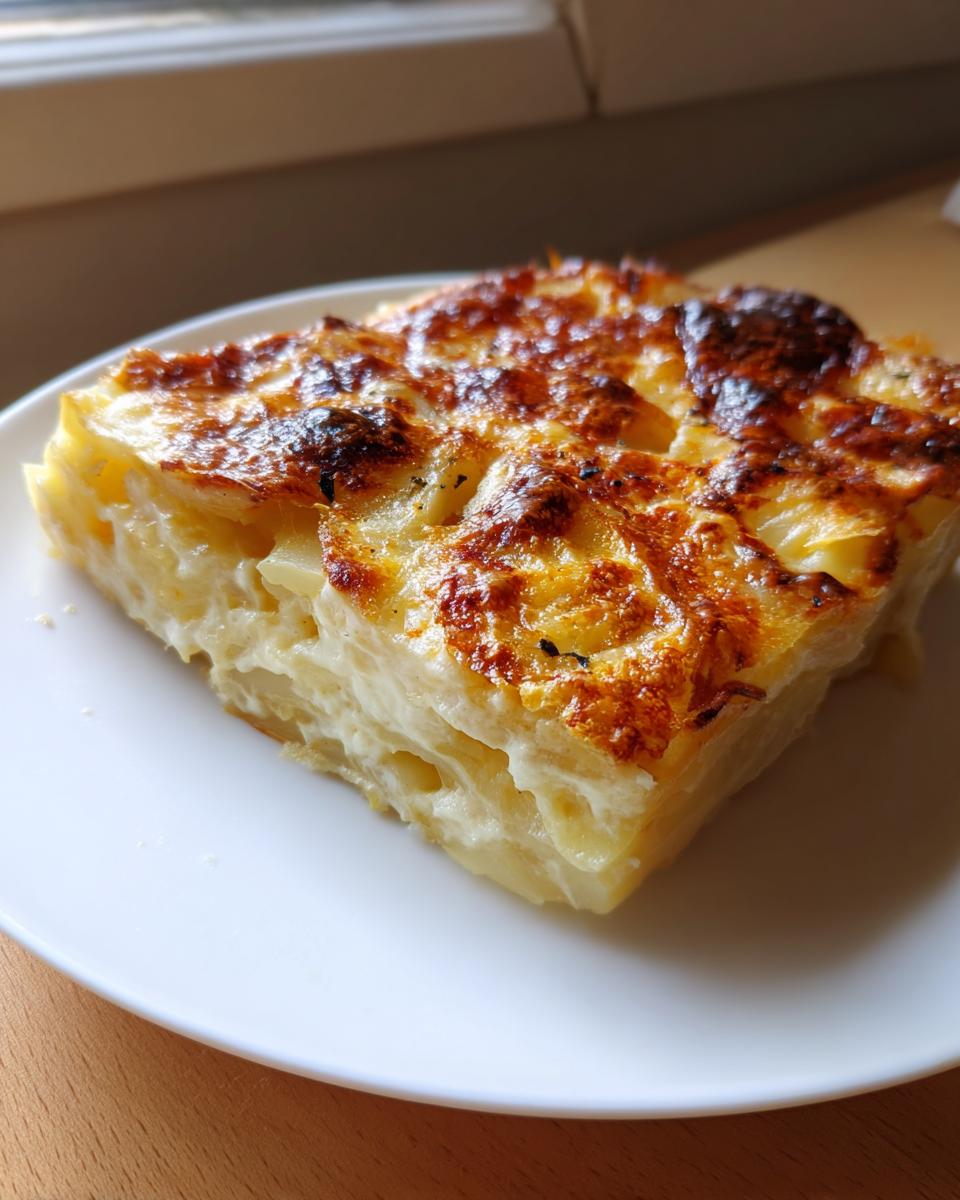 A close-up of a square slice of creamy potatoes au gratin with a beautifully browned, cheesy crust.