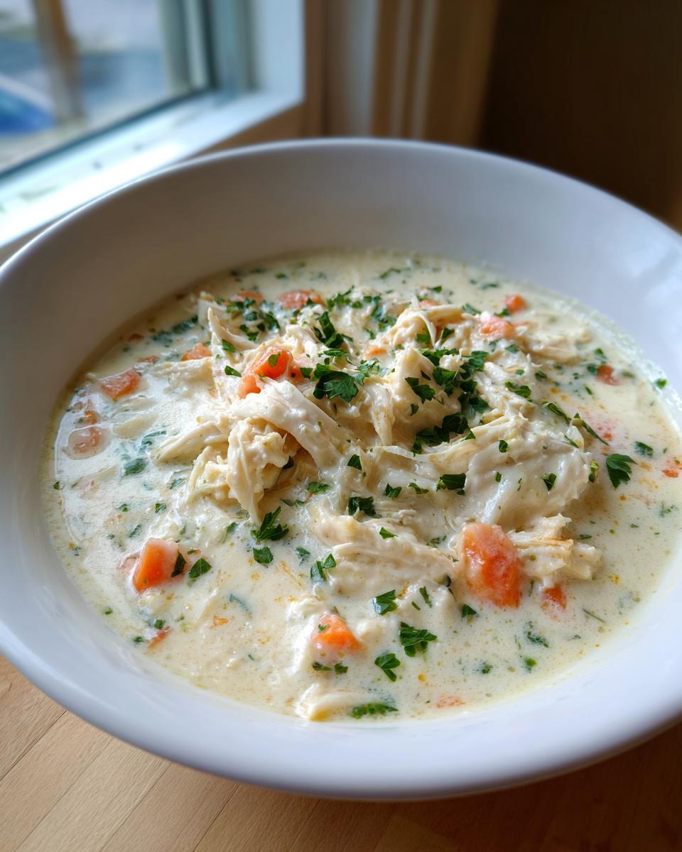 A close-up of a white bowl filled with rich cream of chicken soup, featuring shredded chicken, carrots, and parsley garnish.