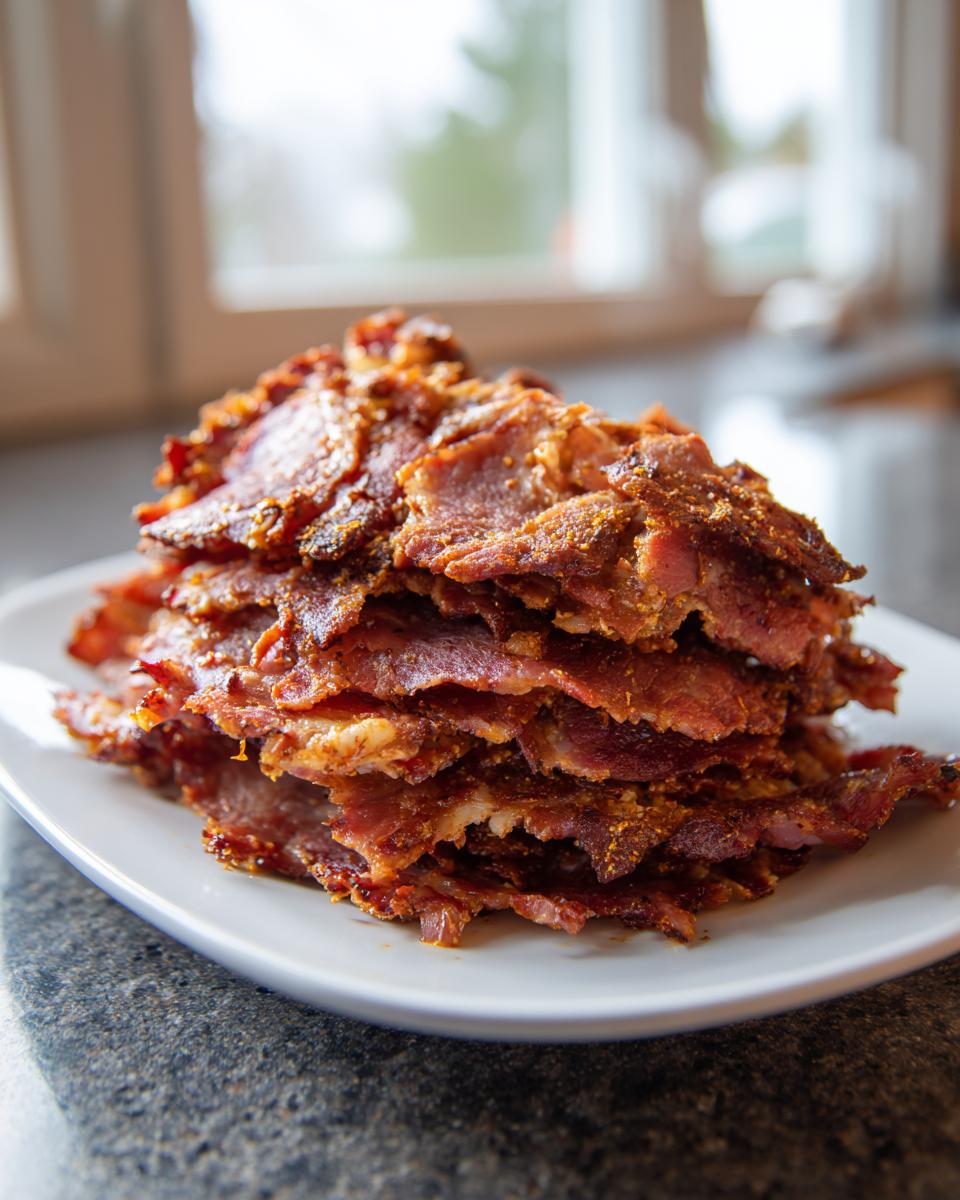 A tall stack of crispy, seasoned bacon slices served on a white plate, potentially a unique addition to homemade doner kebab.
