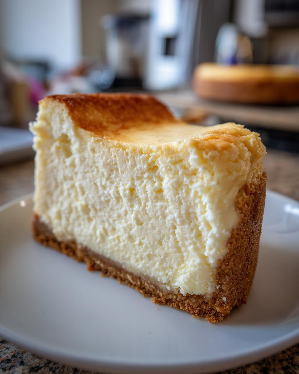 A thick, creamy slice of New York cheesecake sits on a white plate, showing a graham cracker crust and a slightly browned top.