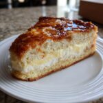 A generous slice of bee sting cake featuring a thick layer of cream filling and a shiny, caramelized almond topping.